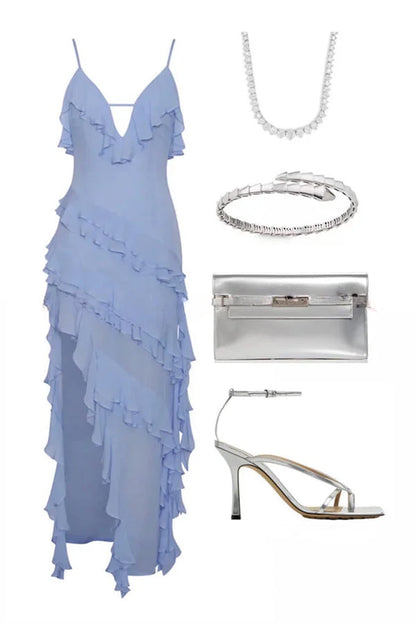 Amélie - Asymmetrisches Sommerkleid Himmelblau aus Chiffon mit Überlagerten Volants, Spaghettiträgern und Schlitz