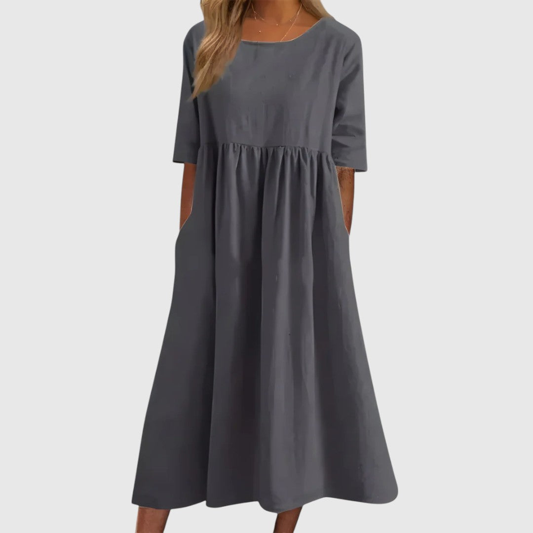 Séphira - Elegantes, Bequemes und Leichtes Kleid für Frühling und Sommer, mit 3/4-Ärmeln und Rundhalsausschnitt, in Einfarbig