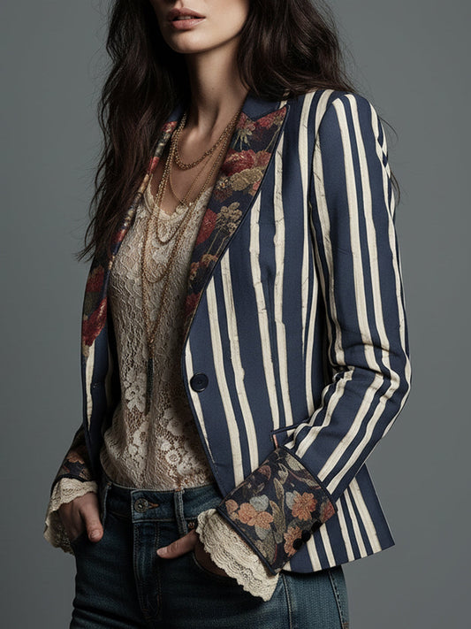 Oréliane - Vintage Ajustierter Blazer im Boho-Chic mit Blumen und Streifen für Frauen