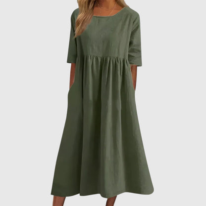 Séphira - Elegantes, Bequemes und Leichtes Kleid für Frühling und Sommer, mit 3/4-Ärmeln und Rundhalsausschnitt, in Einfarbig