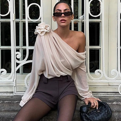 Ondine - Asymmetrisches Chiffon-Top mit langen Ärmeln für den Frühling, mit einer freiliegenden Schulter, für Frauen