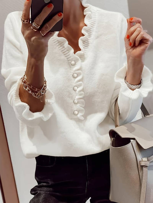 Elisette - Elegante Bluse mit langen und halblangen Ärmeln, Rüschen und Perlenknöpfen