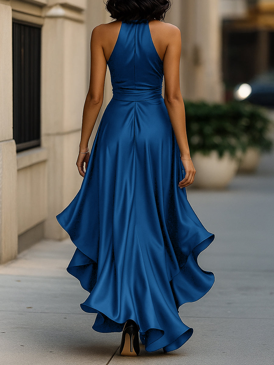 Delyra - Satin-Rüschenskleid, Rückenfrei, Mitternachts-Eleganz