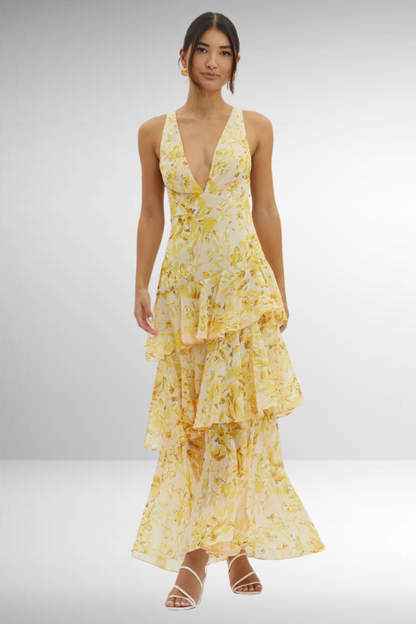 Fließendes Maxi Kleid mit Volants & tiefem V-Ausschnitt für Damen – Elegantes Sommerkleid mit Rücken-Detail