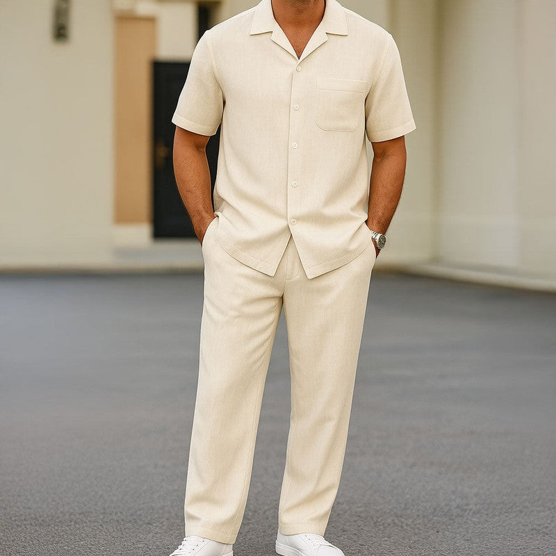 Elegantes Zweiteiler-Set für Herren – Kurzarmhemd mit Reverskragen & Bequeme Hose