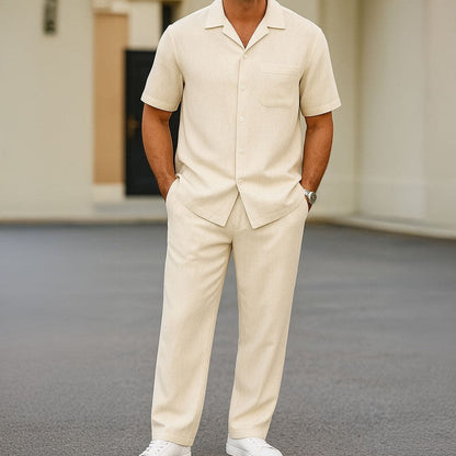Elegantes Zweiteiler-Set für Herren – Kurzarmhemd mit Reverskragen & Bequeme Hose