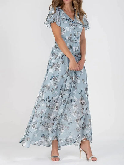 Fließendes Blumen-Maxikleid für Frauen mit V-Ausschnitt und femininem Schnitt