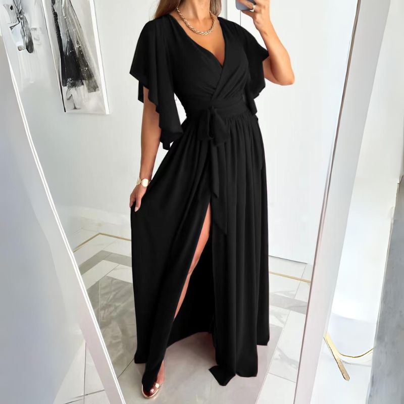 Belloria - Damen Chic Kleid mit Glockenärmeln | Einfarbig, Weite Schnitt, V-Ausschnitt, Midi-Länge