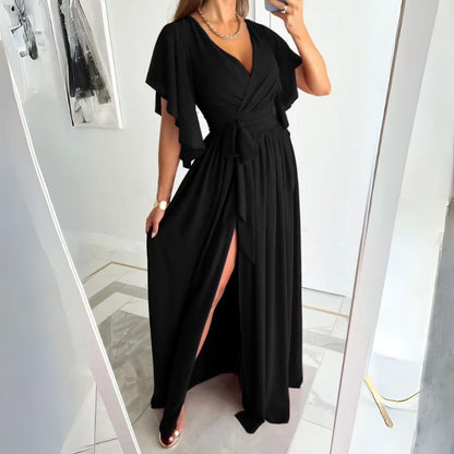 Belloria - Damen Chic Kleid mit Glockenärmeln | Einfarbig, Weite Schnitt, V-Ausschnitt, Midi-Länge