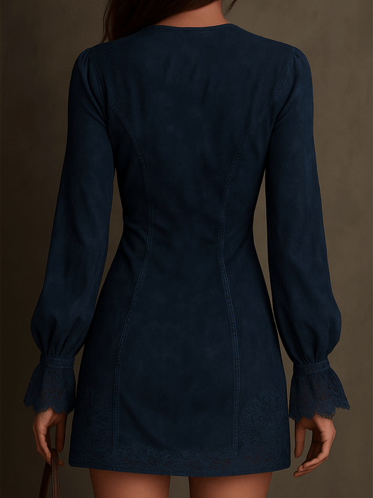 Éloane - Kurzes Vintage Kleid aus blauem Wildleder mit Spitzenrand