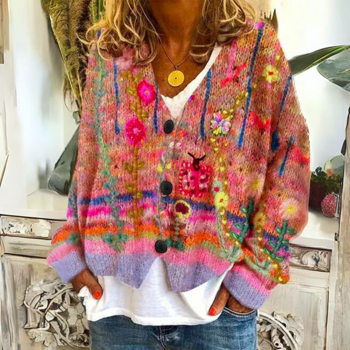 Éloria - Oversize Frühlingsstrickjacke in bunten Farben mit großen Knöpfen und V-Ausschnitt für Frauen