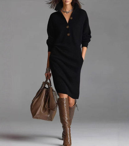 Elva - Midi Hemdblusenkleid aus weicher und bequemer Wolle für Frauen, trendig, mit langen Ärmeln und Knopfkragen, ideal für den Frühling