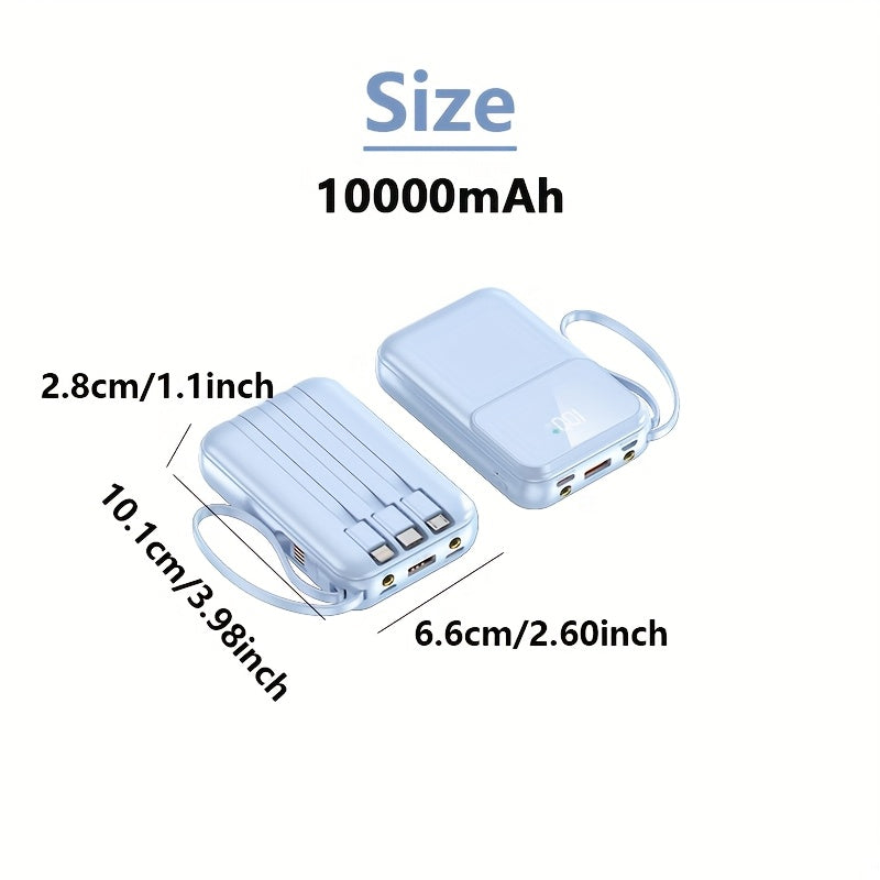 Kompakte 10000mAh Powerbank mit 4 integrierten Kabeln – Schnellladegerät mit Digitalanzeige