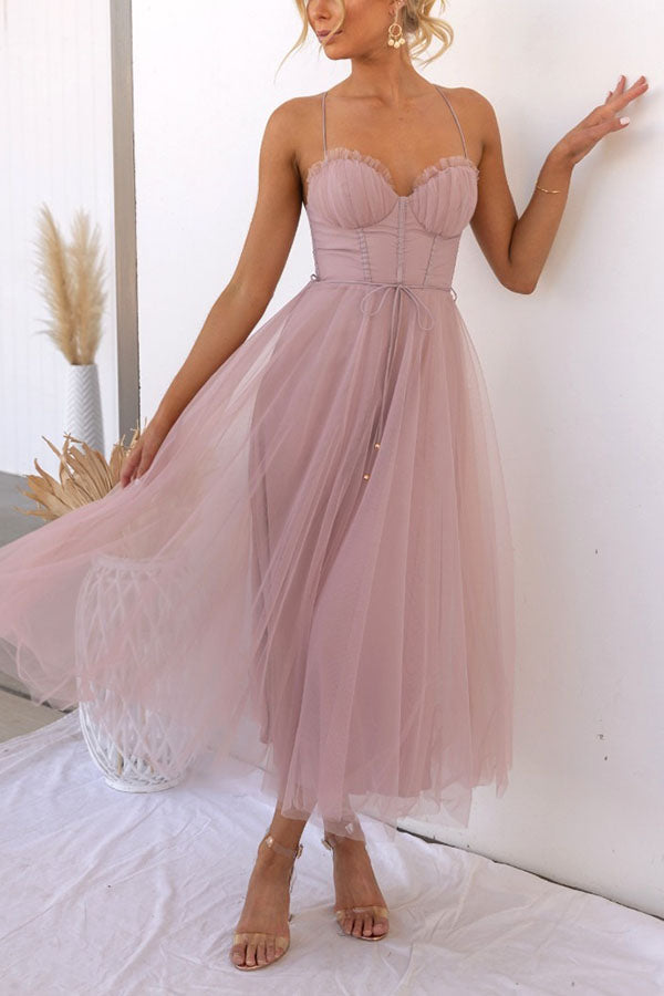 Aurélina - Midi Sommerkleid mit Korsett für Frauen, Tüllrock und Spaghetti-Träger