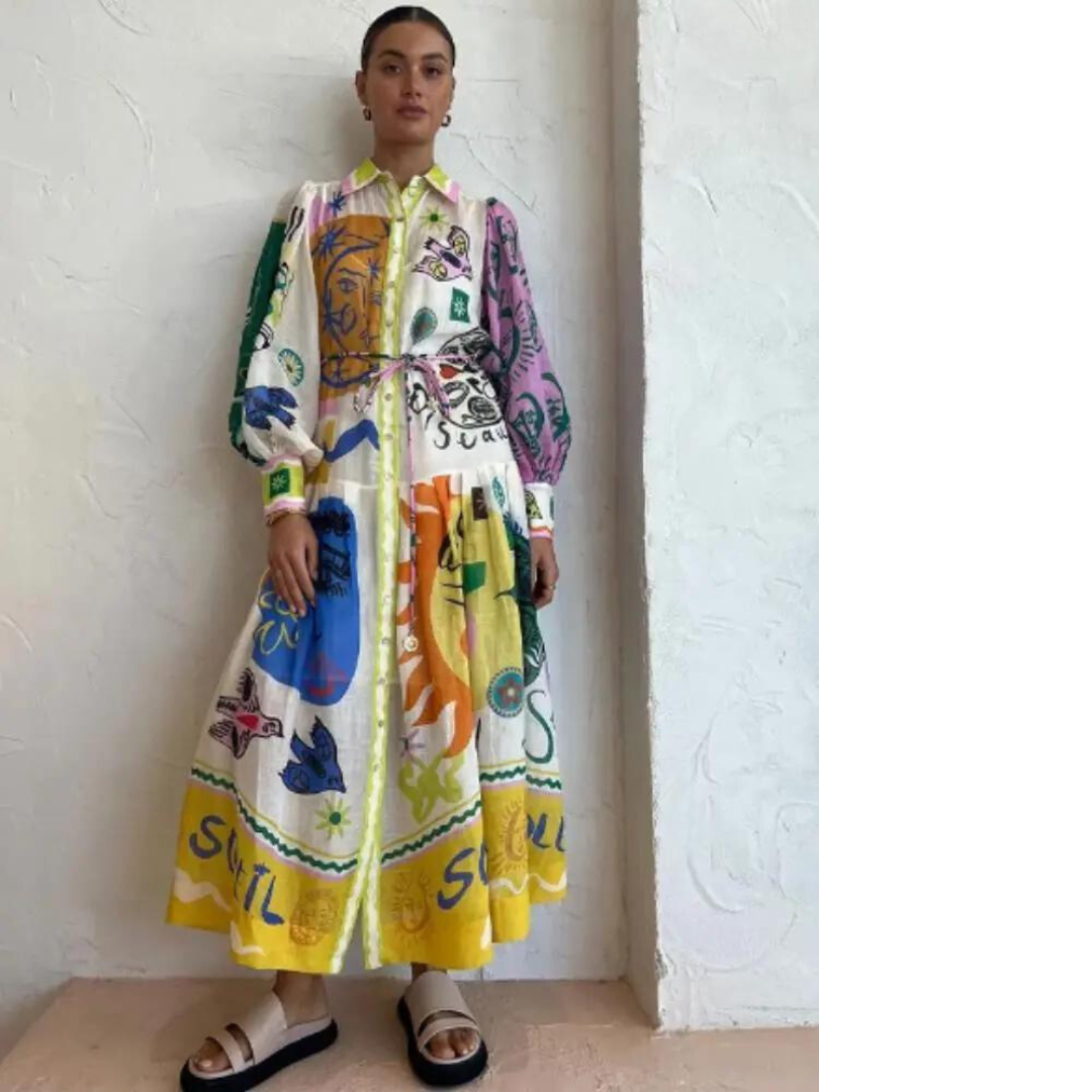Boho-Maxikleid mit kunstvollem Print für Damen – Elegantes Hemdblusenkleid mit Bindegürtel