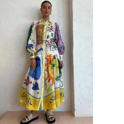 Boho-Maxikleid mit kunstvollem Print für Damen – Elegantes Hemdblusenkleid mit Bindegürtel