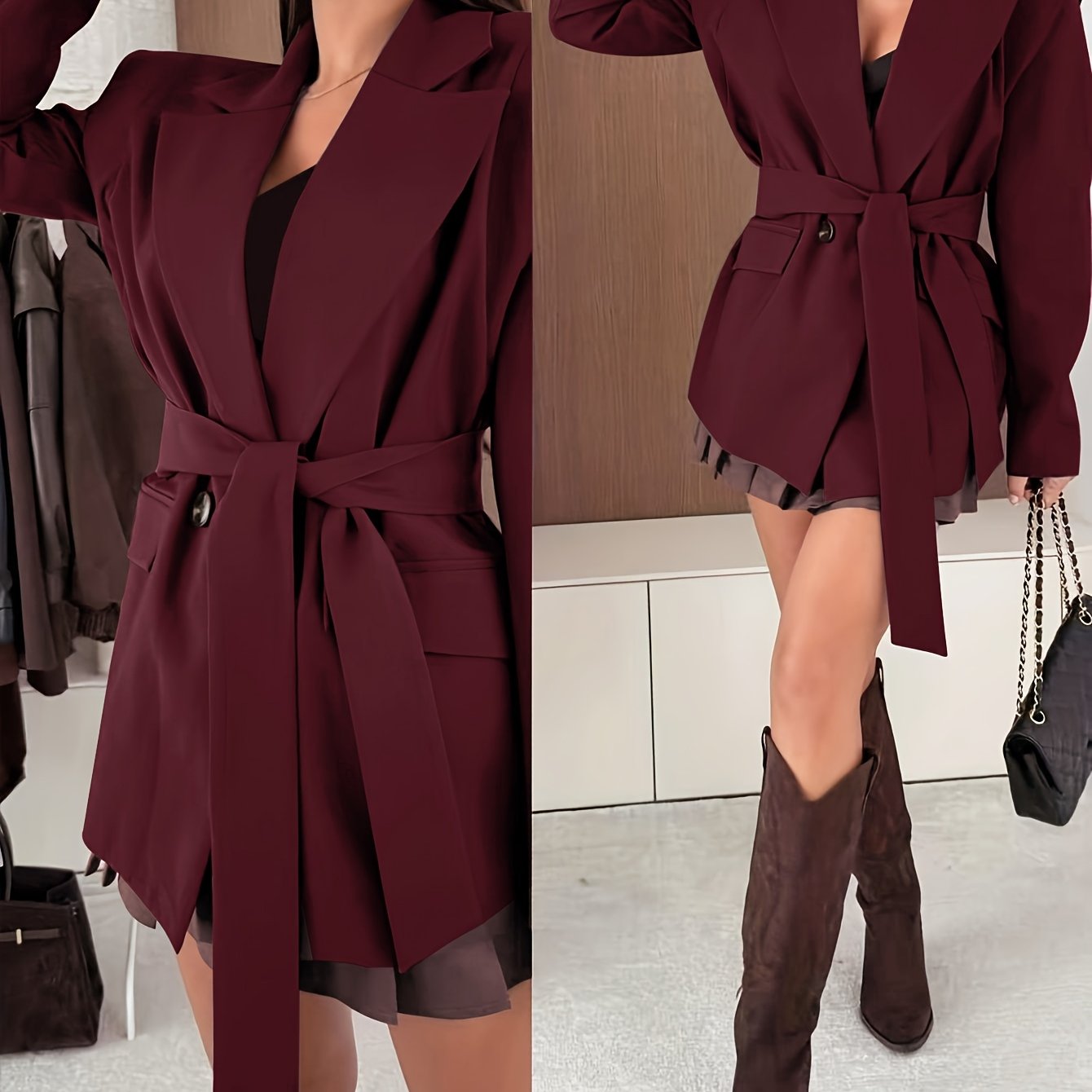 Auréva - Eleganter Frühlingsblazer mit Betonten Schultern und Gürtel für eine feminine Silhouette