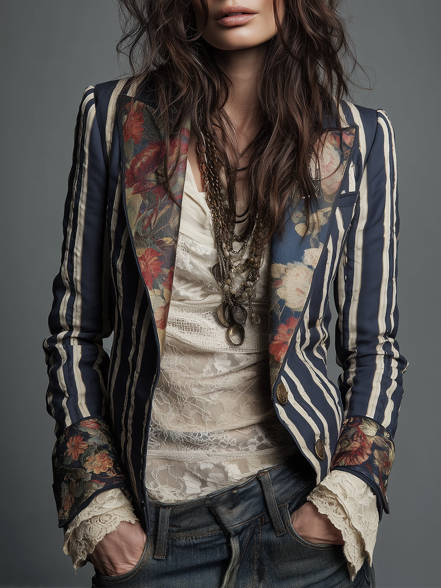 Oréliane - Vintage Ajustierter Blazer im Boho-Chic mit Blumen und Streifen für Frauen