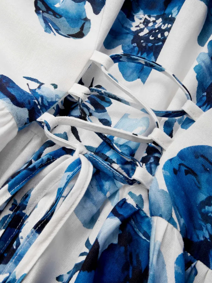 Florivie - Maxikleid aus Leinen, ärmellos, mit Halterneck, Blumenmuster, Vintage, weiß mit blauen Blumen