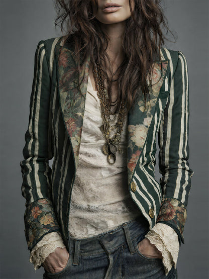 Oréliane - Vintage Ajustierter Blazer im Boho-Chic mit Blumen und Streifen für Frauen