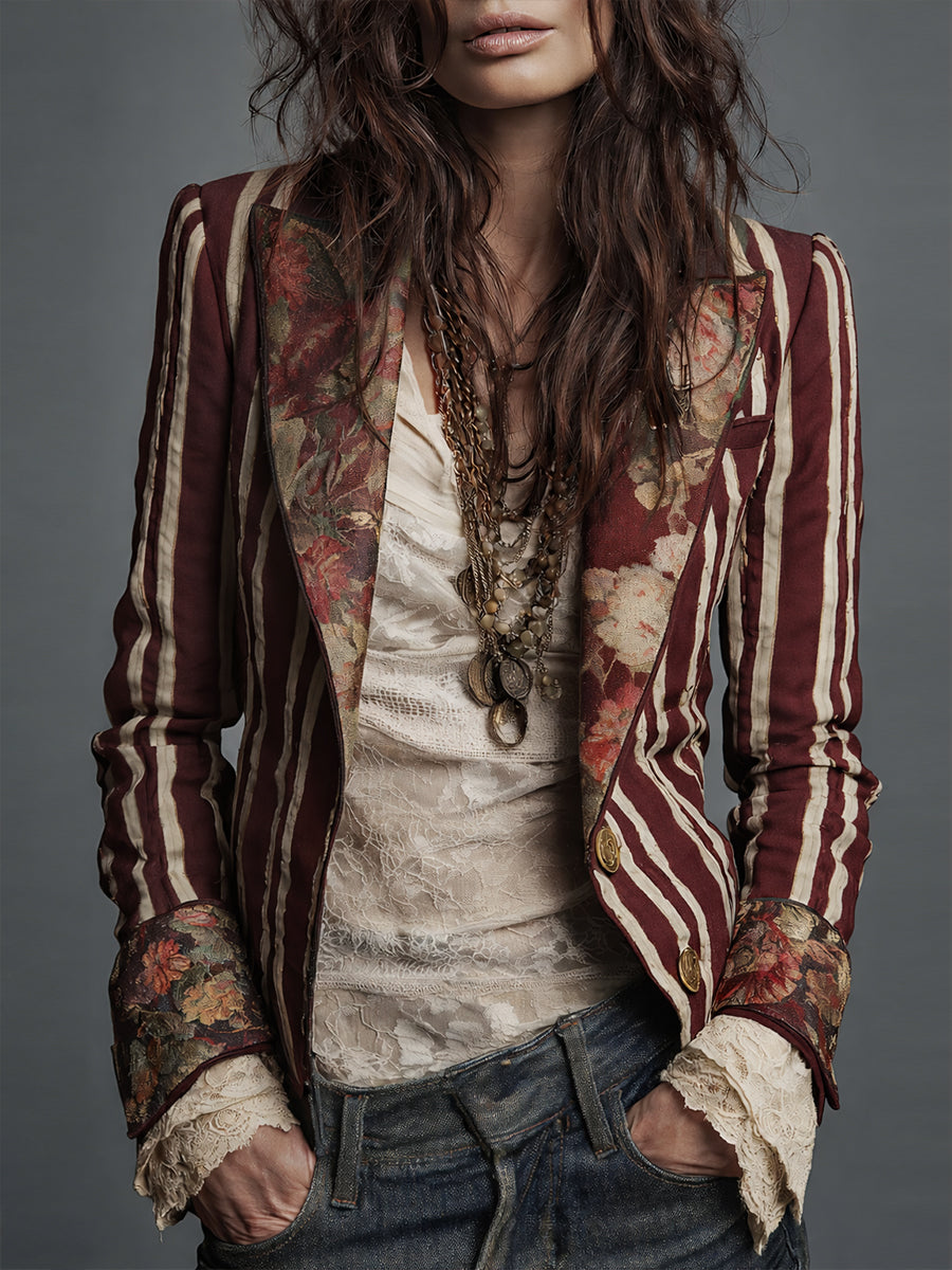 Oréliane - Vintage Ajustierter Blazer im Boho-Chic mit Blumen und Streifen für Frauen