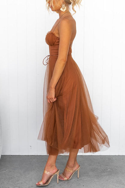 Aurélina - Midi Sommerkleid mit Korsett für Frauen, Tüllrock und Spaghetti-Träger