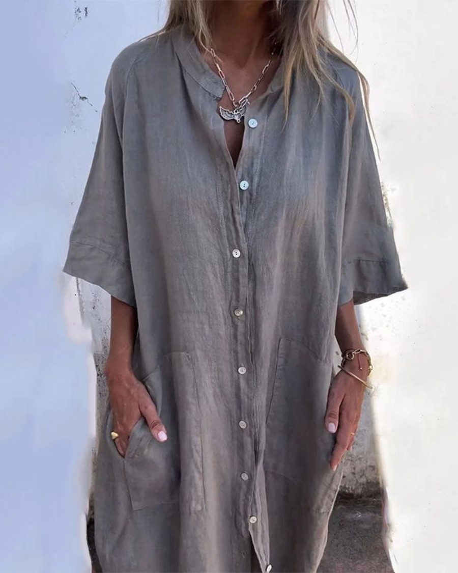 Lässiges Hemdblusenkleid mit Knopfleiste für Damen – Lockeres Leinenkleid mit Taschen & Oversize-Schnitt