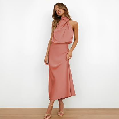 Aurivine - Elegantes Langarm-Seidenkleid mit Halterneck und Taillierung | Setzen Sie Akzente in diesem Frühling und Sommer