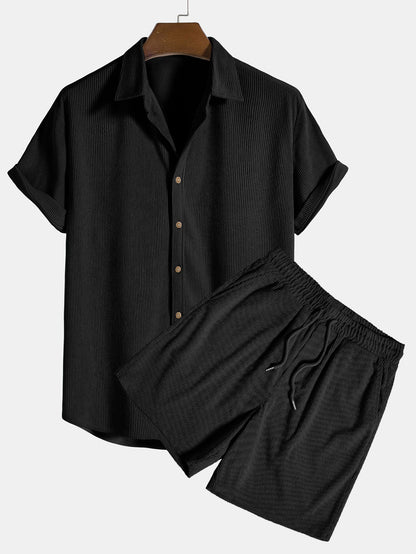Sommer Set aus Kurzarm Hemd & Shorts – Strukturierter Freizeitlook atmungsaktiv für Herren