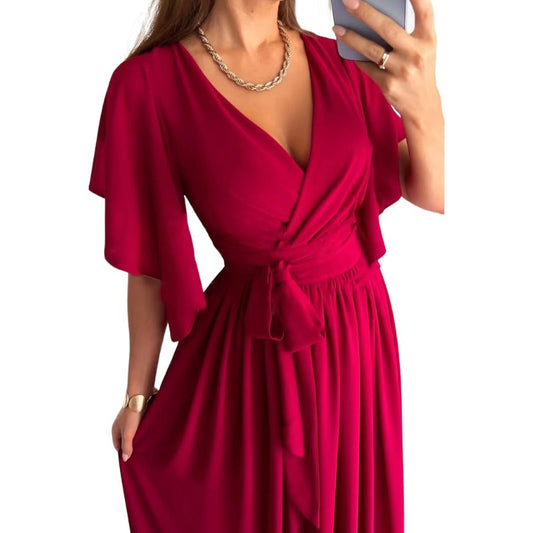 Belloria - Damen Chic Kleid mit Glockenärmeln | Einfarbig, Weite Schnitt, V-Ausschnitt, Midi-Länge