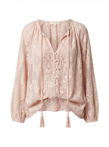 Boho Bluse mit Stickmuster für Damen – Luftige Langarmbluse mit V-Ausschnitt & Quasten