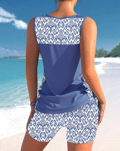 Strand Zweiteiler für Damen – Ärmelloses Tankini Set mit Ethno-Muster & Komfort Shorts