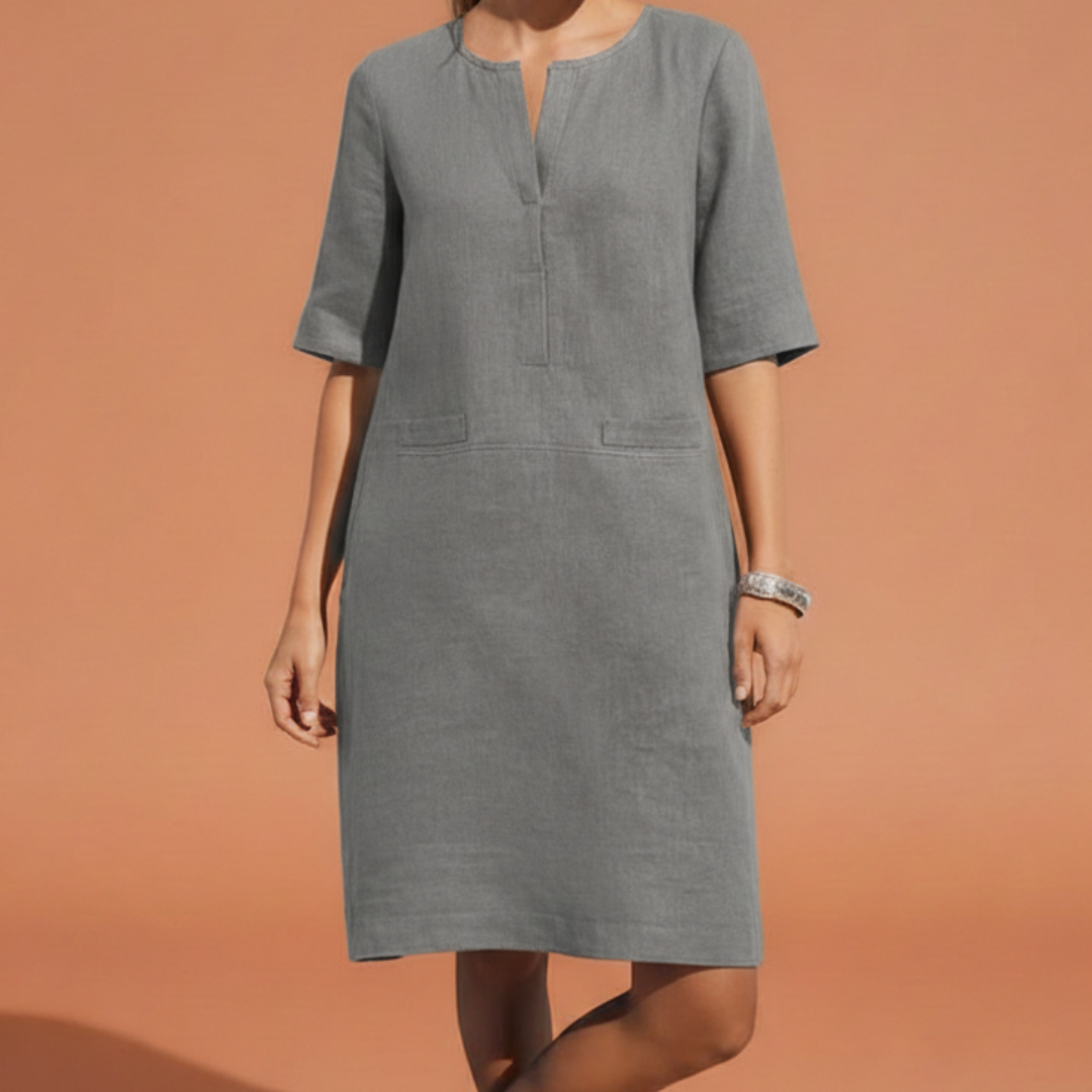 Schlichtes Leinenkleid für Damen – Lockeres Sommerkleid mit Halbarm & V-Ausschnitt