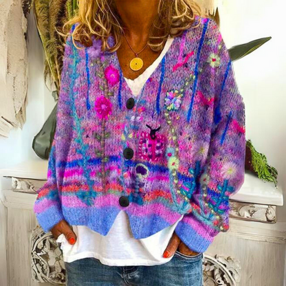 Éloria - Oversize Frühlingsstrickjacke in bunten Farben mit großen Knöpfen und V-Ausschnitt für Frauen