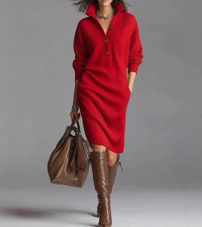 Elva - Midi Hemdblusenkleid aus weicher und bequemer Wolle für Frauen, trendig, mit langen Ärmeln und Knopfkragen, ideal für den Frühling