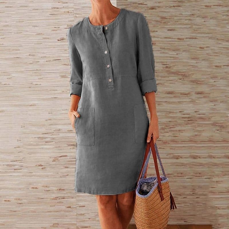 Knopfleisten-Midikleid für Damen – Lockeres Freizeitkleid mit Taschen & 3/4-Ärmeln
