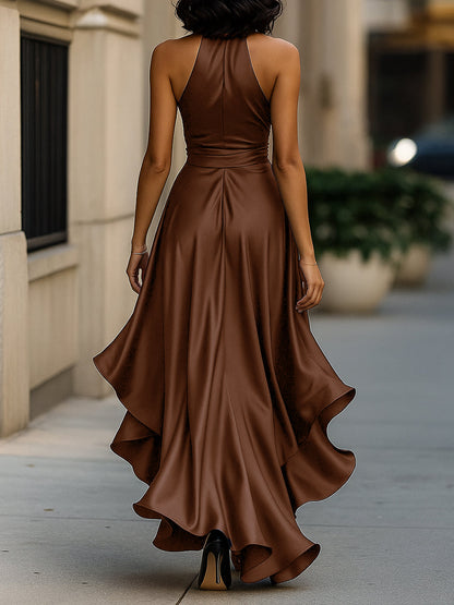 Delyra - Satin-Rüschenskleid, Rückenfrei, Mitternachts-Eleganz