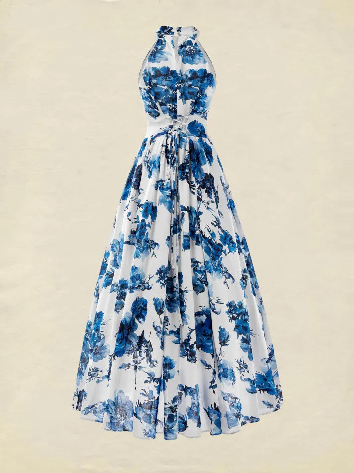 Florivie - Maxikleid aus Leinen, ärmellos, mit Halterneck, Blumenmuster, Vintage, weiß mit blauen Blumen