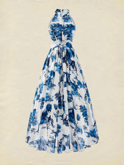 Florivie - Maxikleid aus Leinen, ärmellos, mit Halterneck, Blumenmuster, Vintage, weiß mit blauen Blumen
