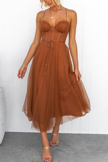 Aurélina - Midi Sommerkleid mit Korsett für Frauen, Tüllrock und Spaghetti-Träger