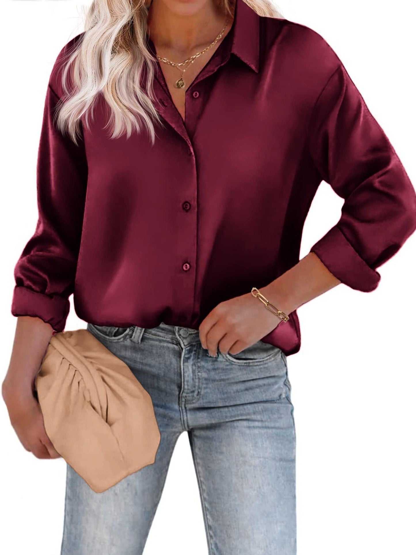 Amélina - Legere Bluse aus Farbensatin mit Knopfleiste und langen Ärmeln