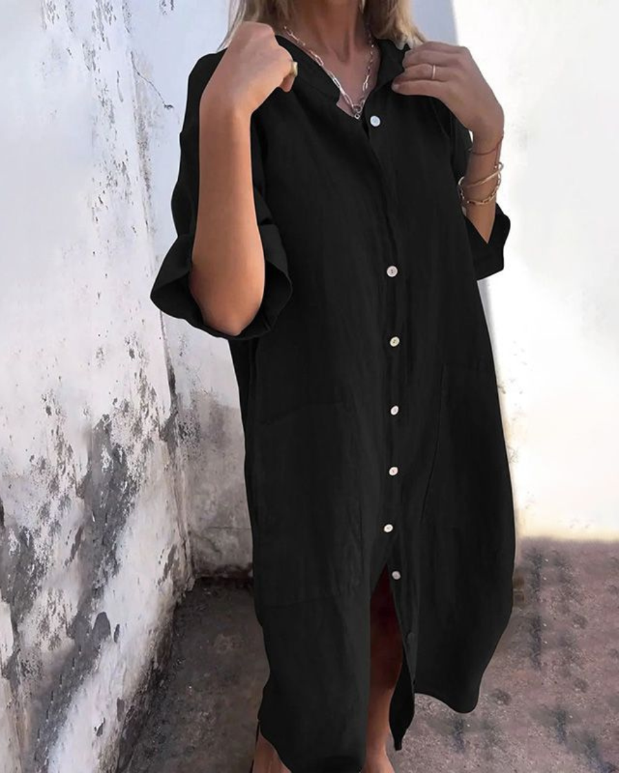 Lässiges Hemdblusenkleid mit Knopfleiste für Damen – Lockeres Leinenkleid mit Taschen & Oversize-Schnitt