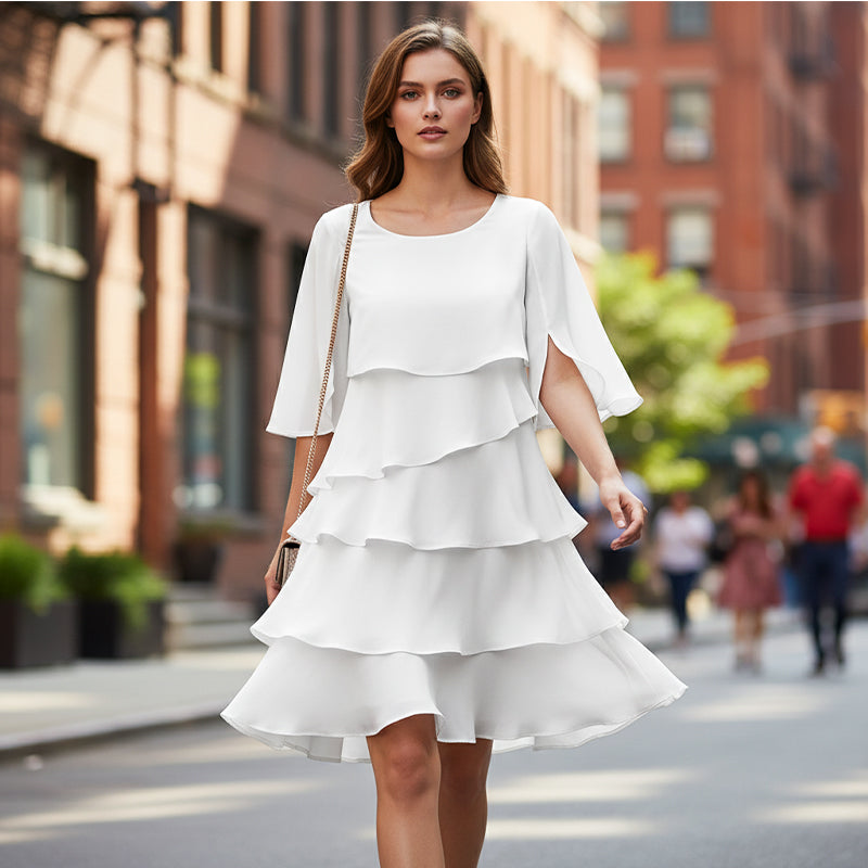 Elegantes Layered Rüschenkleid mit Flatterärmeln für Damen – Luftiges Sommerkleid mit lockerem Schnitt