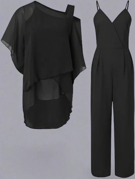 Elegantes Damen 2-Teiler Set mit Chiffon-Bluse & weiter Hose – Locker, Stilvoll & Festlich