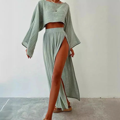 Alizenne - Leichtes und Elegantes Sommerensemble aus Leinen für den Urlaub, bestehend aus einem Langarm-Crop-Top mit weitem Schnitt und einem Maxi-Rock mit doppeltem seitlichen Schlitz