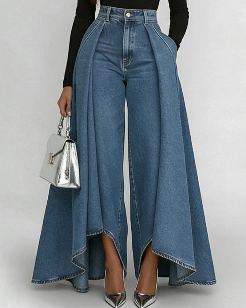 High Waist Wide Leg Jeans mit Layer-Design – Trendige Statement Denim Hose für Damen