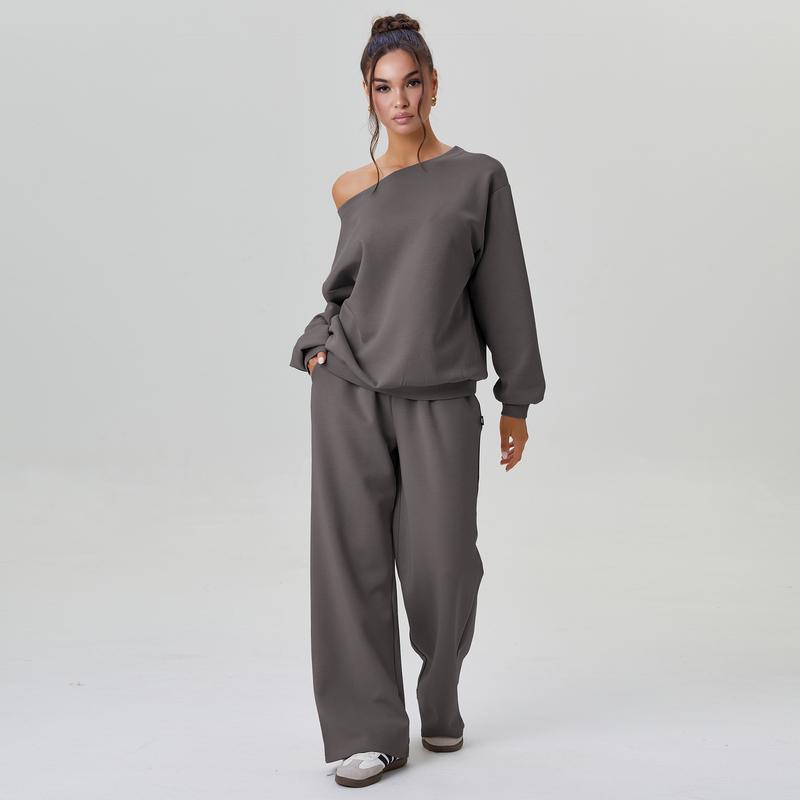 Lässiges Damen Lounge Set mit One-Shoulder Sweatshirt – Bequemer Zweiteiler mit weiter Hose