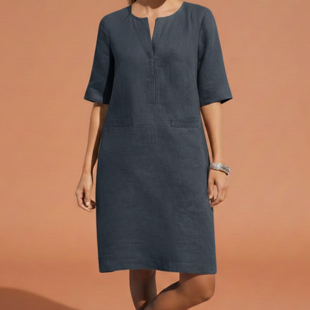 Schlichtes Leinenkleid für Damen – Lockeres Sommerkleid mit Halbarm & V-Ausschnitt