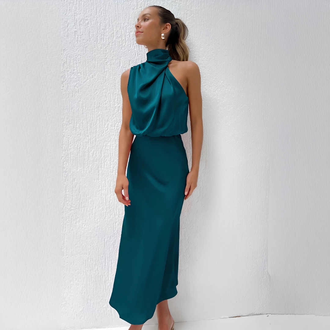 Aurivine - Elegantes Langarm-Seidenkleid mit Halterneck und Taillierung | Setzen Sie Akzente in diesem Frühling und Sommer