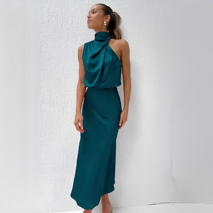 Aurivine - Elegantes Langarm-Seidenkleid mit Halterneck und Taillierung | Setzen Sie Akzente in diesem Frühling und Sommer